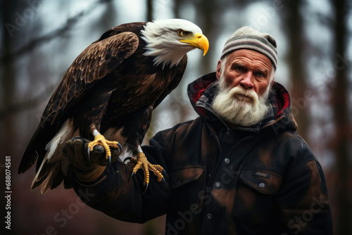 Eagle trainer holding majestic bold eagle
