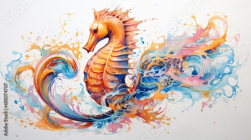 a graceful and colorful portrayal of a swimming seahorse, its unique shape and delicate movements depicted in vibrant shades on a clean white surface, symbolizing beauty and elegance.