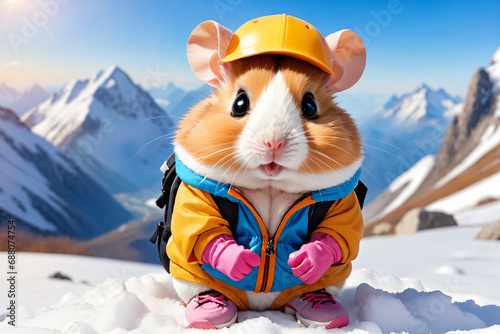 A cute little hamster ready for his holidays in the mountains - White week photo