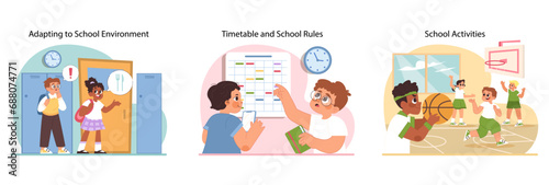 Adapting to school environment concept. Students engage with school life, learning ropes of routines and reveling in extracurricular activities. Adapting to new place. Flat vector illustration