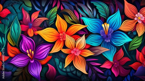 vibrant vintage style tropical background with colorful flowers, dark background