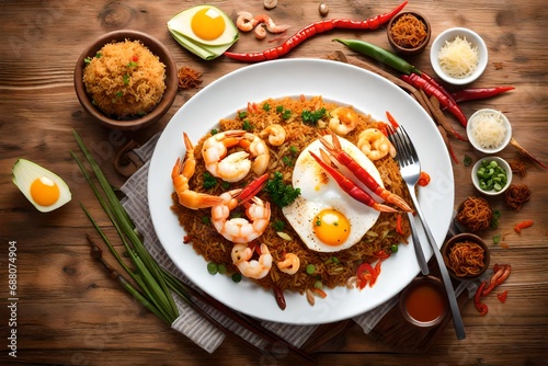 An appetizing top-down view capturing the intricate details of a plate filled with Nasi Goreng, Indonesian fried rice. 