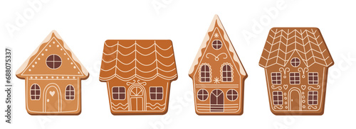 Set cartoon gingerbread houses. Traditional Christmas cookies made from sugar icing on windows and doors. New Year stickers, vector set