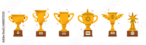 Cartoon gold cups prizes, winner award in retro 90s style. Vintage trophies, first place award. Competition ceremony, awarding the winner of the competition