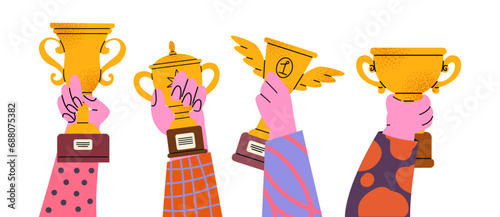 Hands holding gold cups prizes, winner award in retro cartoon 90s style. Vintage trophies, first place award. Competition ceremony, awarding the winner of the competition
