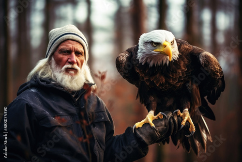 Eagle trainer holding majestic bold eagle
