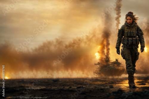 Lone soldier woman walking in destroyed city. war concept. panoramic format web banner