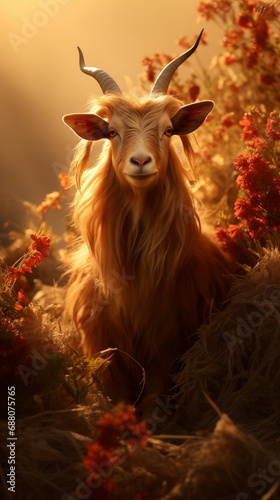 zodiac sign Goat in a materialistic form, magical, surreal, natural light, sharp colors, wallpaper photo