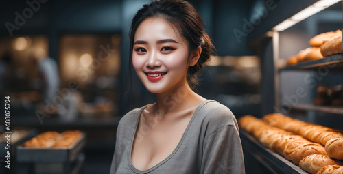 asian delighted and smiling young woman manages the bakery, ensuring customers receive the finest baked goods