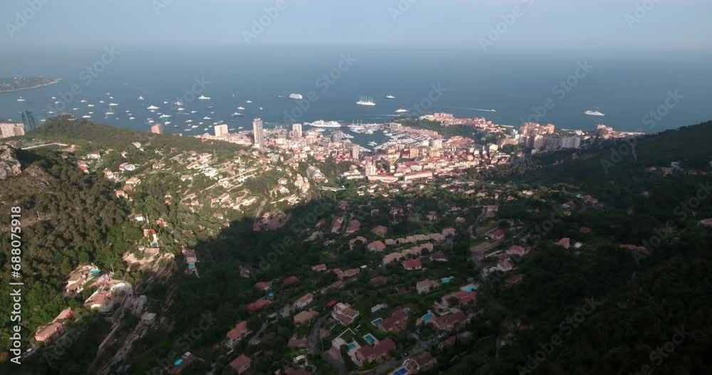 Aerial Beautiful View Of Residential Houses By Harbor, Drone Flying Forward On Sunny Day - Monte Carlo, Monaco Aerial Beautiful View Of Residential Houses By Harbor, Drone Flying Forward On Sunny Day - Monte Carlo, Monaco