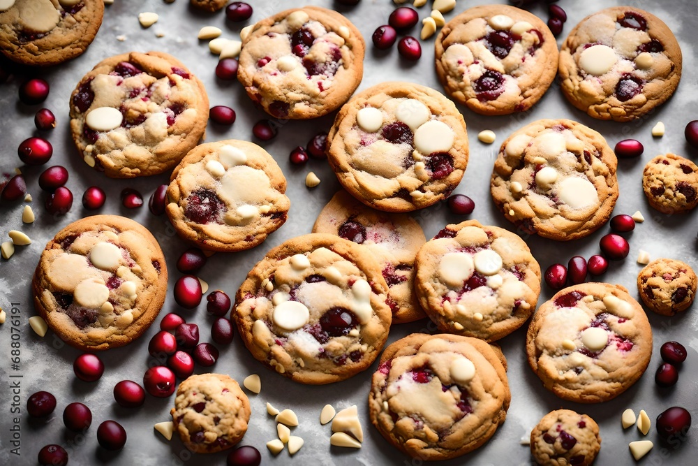 A mouthwatering display of white chocolate and cranberry cookies, emphasizing the balance of sweetness and tartness. A mouthwatering display of white chocolate and cranberry cookies, emphasizing the balance of sweetness and tartness.