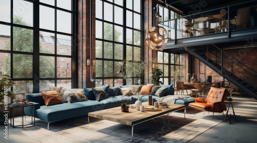 Interior of an urban loft hotel with natural sunlight. Brown and blue colors