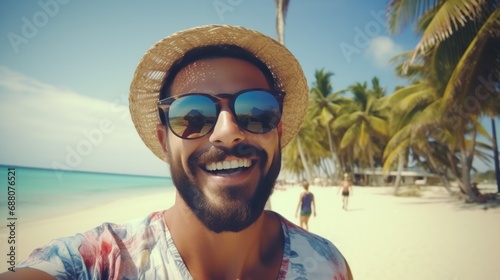close-up shot of a good-looking male tourist. Enjoy free time outdoors near the sea on the beach. Looking at the camera while relaxing on a clear day Poses for travel selfies smiling happy tropical #688076521