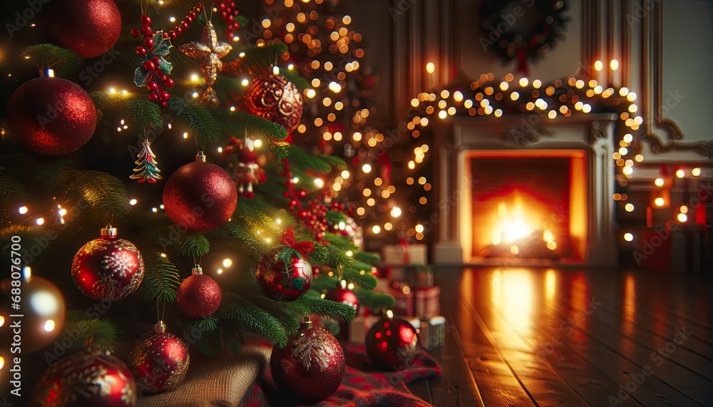 A cozy Christmas scene with a warmly lit fireplace in the background, creating a soft, glowing ambiance. In the foreground, a richly decorated Christmas