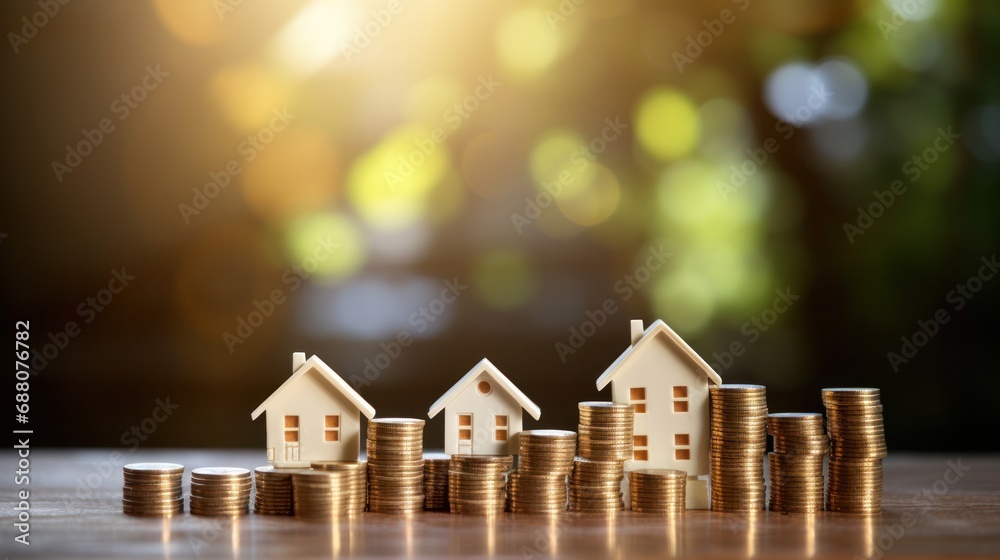 Money coin stack growing graph with house bokeh background, investment concept.Business Finance and Save Money concept Money coin stack growing graph with house bokeh background, investment concept.Business Finance and Save Money concept