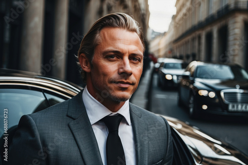 a rich, handsome adult serious man. A successful and elegant businessman standing on the street, against the background of expensive cars. The concept of wealth and success © Roman