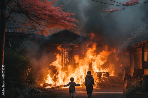 portrait of two Asian children in despair, the ruins of a house in the background, flames and smoke from a fire. A tense scene: a family without an apartment. The concept of losing a house photo