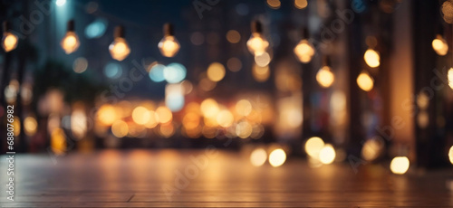 Evening festive atmosphere, blurred bokeh background. Night street light bulbs lanterns. Wallpaper with glowing garland.