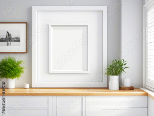 Blank big white frame on white wall, cute minimalistic photo template. Green plant in a vase on a wooden tabletop, kitchen decor.