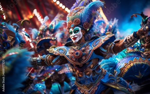 Blue Headdress and Vibrant Costume at Festive Carnival Parade