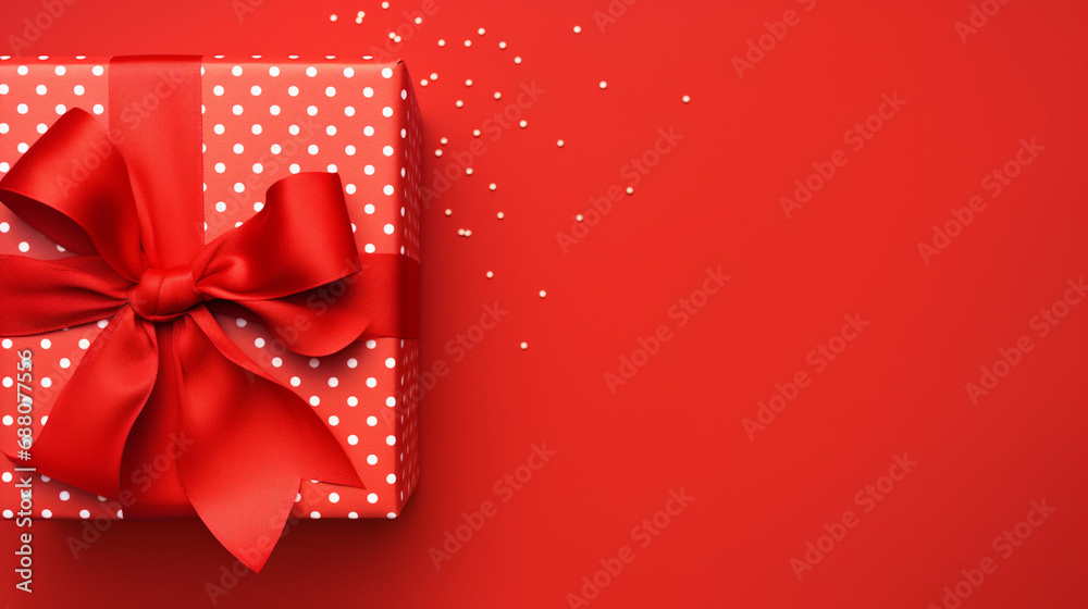red gift box with satin ribbon and bow on red background red gift box with satin ribbon and bow on red background