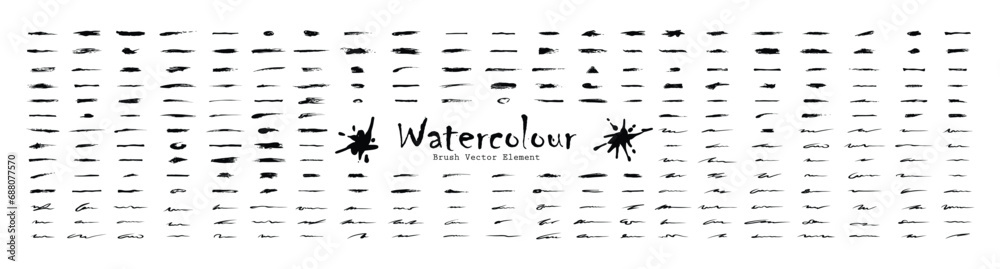 Set of vector paint brush stroke, ink splatter and artistic design elements. Dirty watercolor texture, box, frame, grunge background, splash or creative shape for social media. Abstract drawing.