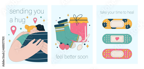 Get well soon card set. Positive and motivational poster with greeting quote. Medicine postcard with feel better lettering. Recovery affirmation and wishes. Flat vector Illustration