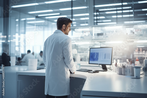 researcher using PC in laboratory. 
the concept of scientists doing research