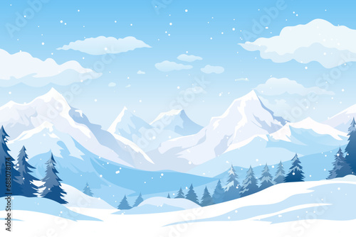 Christmas landscape of winter mountains and forests. Beautiful rocks and mountain peaks in the snow, spruce, pine and large snowdrifts in snowy weather. New Year\'s design.