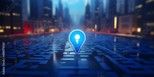 Blue location pin sign icon and gps navigation map road direction or internet search bar technology symbol on position place background with find route mark travel destination navigator. 3D rendering photo