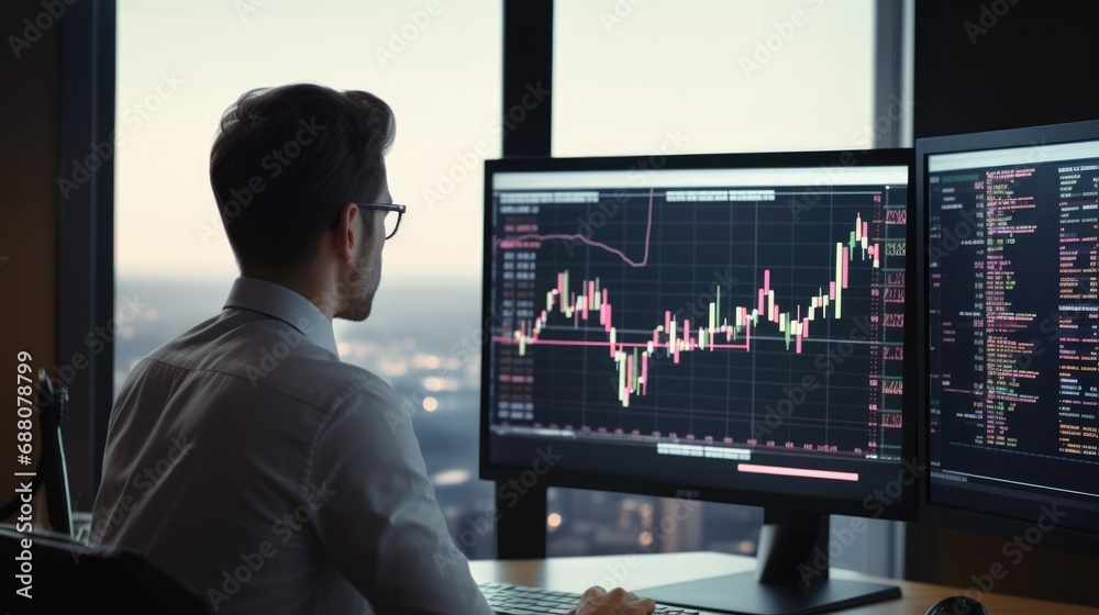 Crypto trader sitting in front of computers with multi-monitor workstation, making professional analysis of candlestick chart. Crypto trader sitting in front of computers with multi-monitor workstation, making professional analysis of candlestick chart.