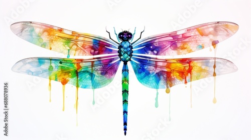 a graceful and colorful representation of a dragonfly, its transparent wings and agile flight captured in vibrant hues on a white background, symbolizing freedom and lightness.