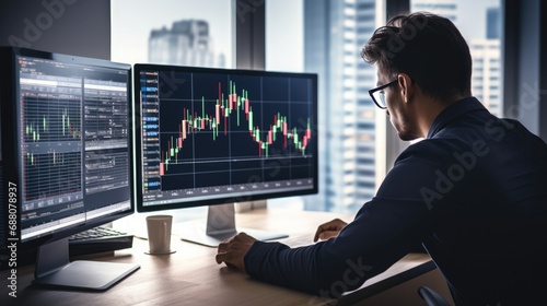 Crypto trader sitting in front of computers with multi-monitor workstation, making professional analysis of candlestick chart. photo