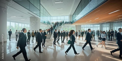 Capturing the Dynamic Energy: Rapid Movement in a Bright Office Lobby. Generative AI photo