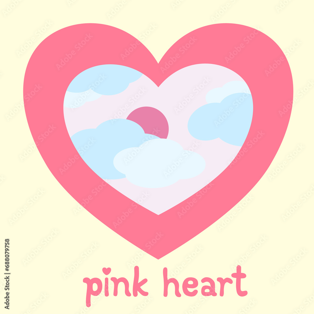 Pink heart filled with free and life, Inside the heart is the sky, pastel clouds, pink sun, vector text pink heart. Template for love, dating, Valentines Day.