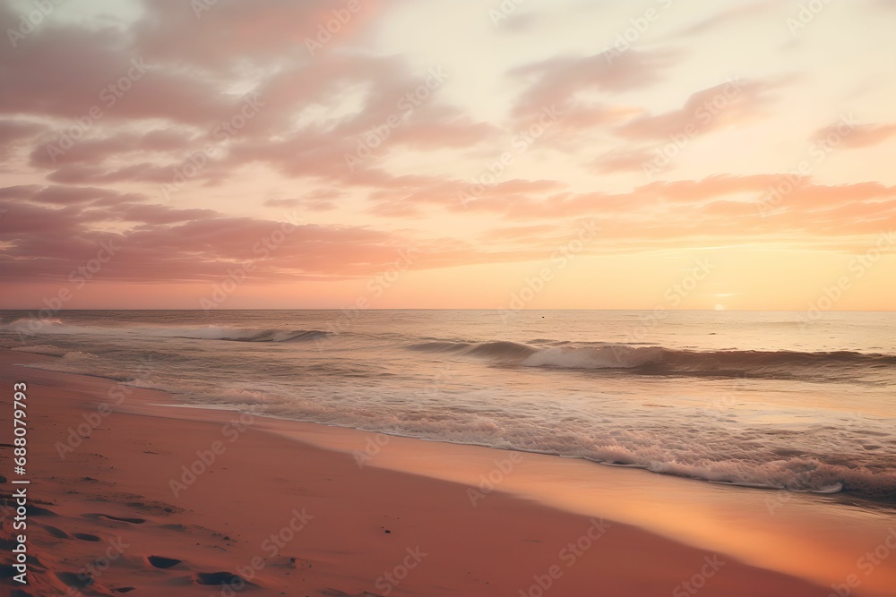 Sunset Beach Tranquility, beach scene, golden sand, warm glow