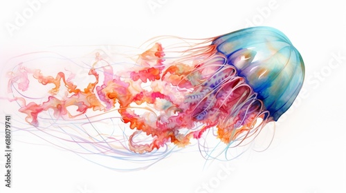 a graceful and colorful representation of a jellyfish, its transparent body and gentle movements captured in vibrant hues on a white background, symbolizing the ethereal beauty of marine life.