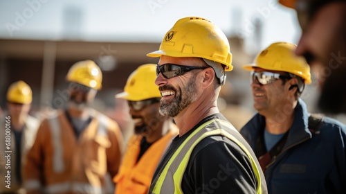 Portrait of engineer man smiling in diverse group of team on construction site.
