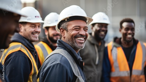 Portrait of engineer man smiling in diverse group of team on construction site. photo