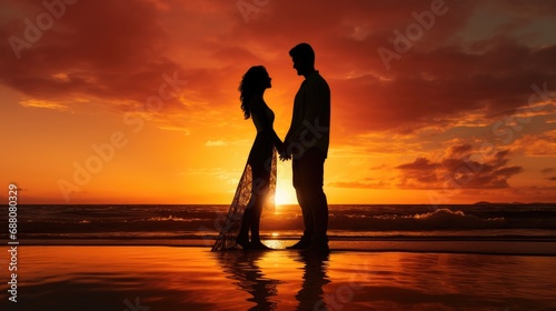 Fototapeta Naklejka Na Ścianę i Meble -  Silhouette of couple on the beach at sunset