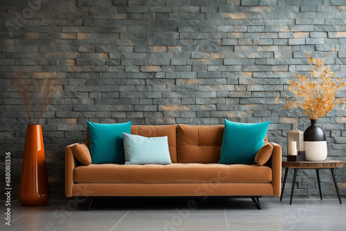 Minimal loft style interior design of modern living room, stone wall decorated with flower vases.