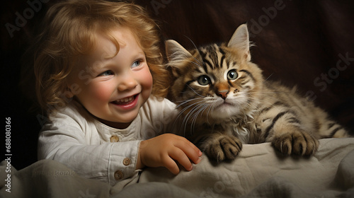 Playful toddler kid girl playing with cute pet, Cat with girl portrait, AI Generated