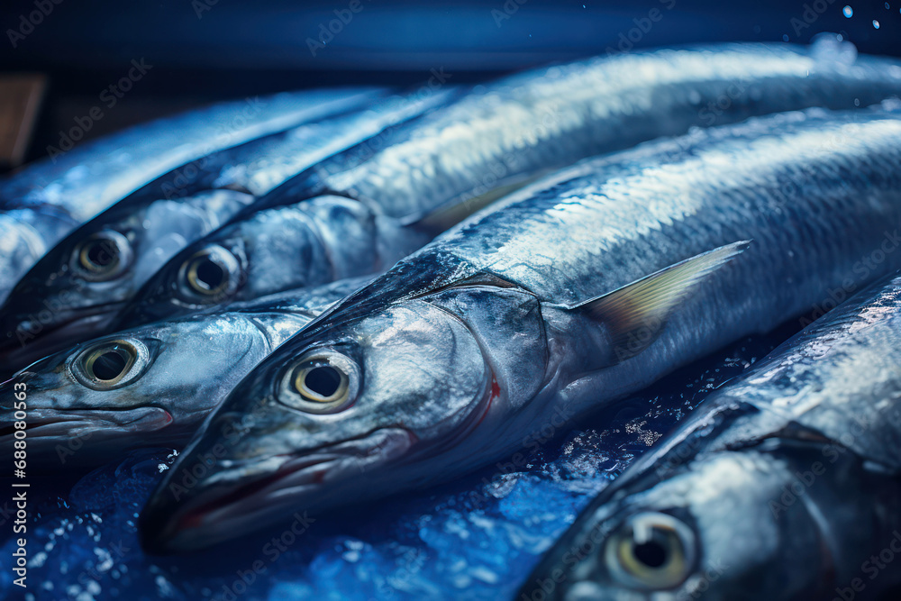 Fototapeta premium Food ice background closeup market seafood raw catch sea fish fresh
