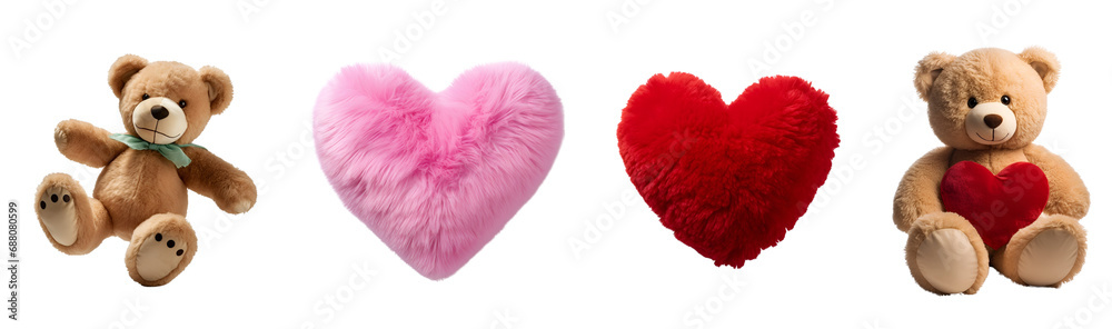 Teddy Bear, Fluffy Soft Pillow, and Pink and Red Heart: A Set for Valentine’s Day, Isolated on Transparent Background, PNG