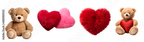 Fluffy Soft Pillow, Pink and Red Heart, and Teddy Bear: Valentine’s Day Set, Isolated on Transparent Background, PNG