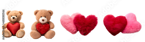 Teddy Bear, Heart in Pink and Red, and Fluffy Soft Pillow: Set for Valentine’s Day, Isolated on Transparent Background, PNG
