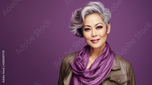 Elegant, smiling, elderly, chic Asian woman with gray hair and perfect skin on a purple background banner.