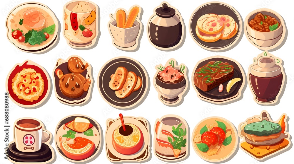 Various food dishes stickers set. Cute sticky labels decorated with Top view for cuisine of different countries. Flat Art Vector Illustration Various food dishes stickers set. Cute sticky labels decorated with Top view for cuisine of different countries. Flat Art Vector Illustration