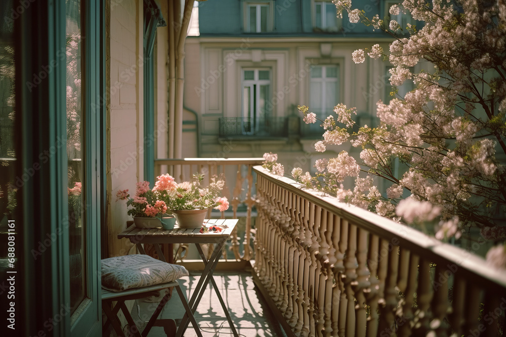 Cozy city balcony with table in spring with flowering tree outside