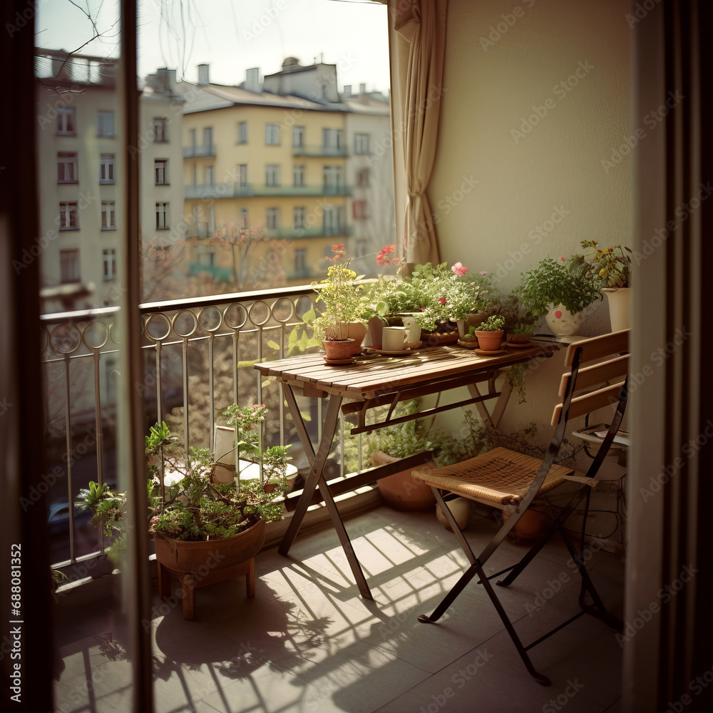 Cozy city balcony with table and decorative plants in spring
